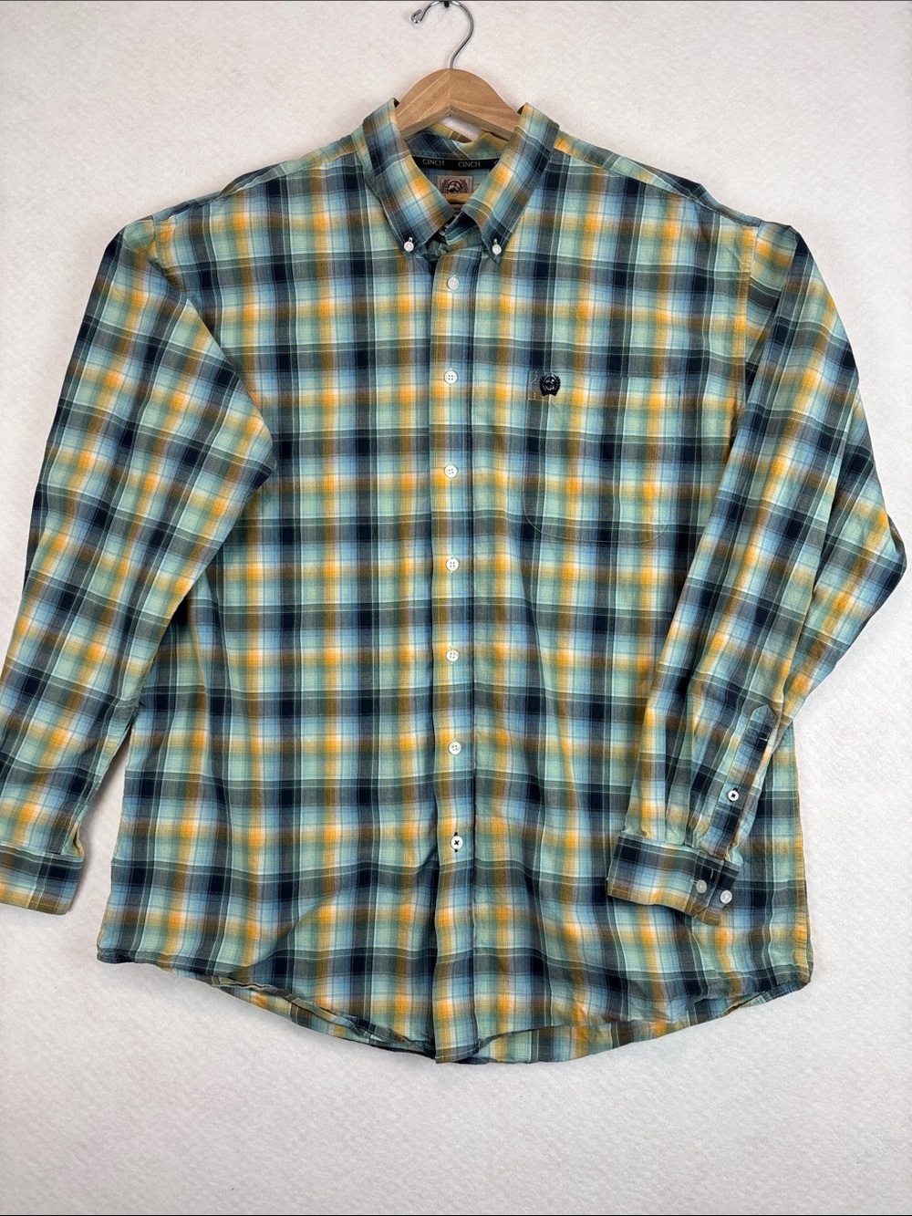 Cinch Men’s XL Plaid Button Down Western Shirt Blue Yellow Pearl Snap Cowboy